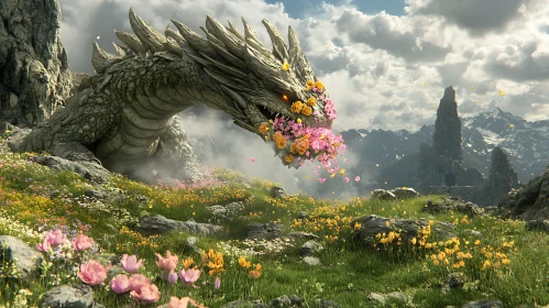 Stone Dragon with Flowers