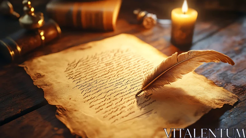 Antique Writing Scene with Quill and Candle AI Image