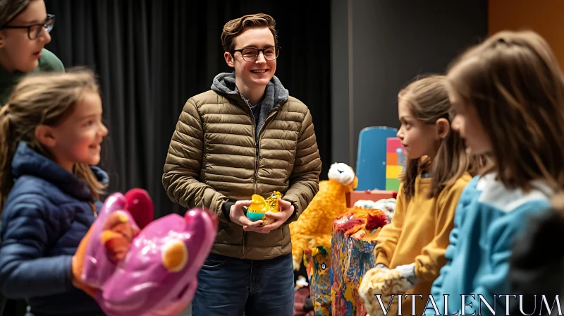 Smiling Man with Kids and Toy Duck AI Image