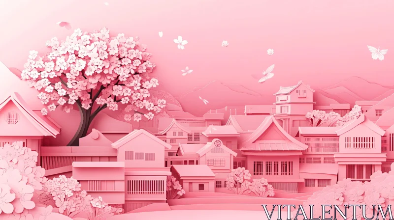 Monochromatic Pink Sakura Town AI Image