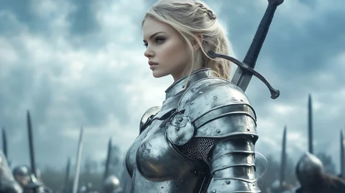 Armored Woman with Sword on Battlefield