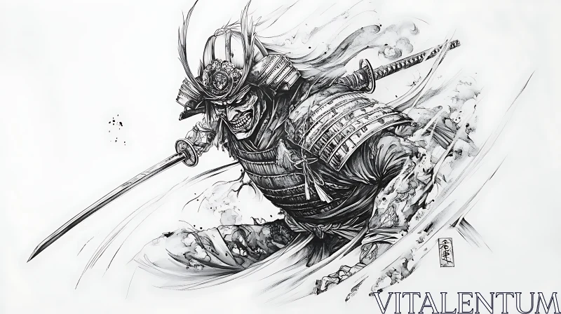 Monochrome Samurai Illustration with Sword AI Image