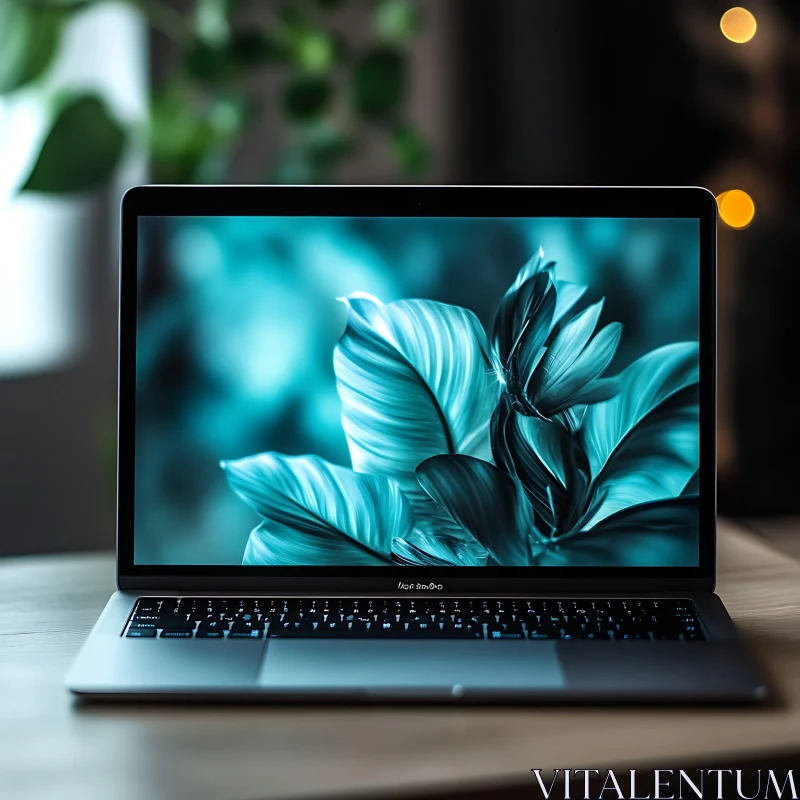 Modern Laptop with Vibrant Teal Leaf Design AI Image