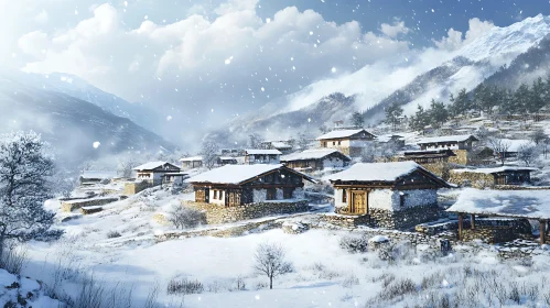 Snowy Mountain Village Scene