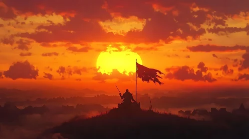 Silhouette of Warrior at Sunset with Flag