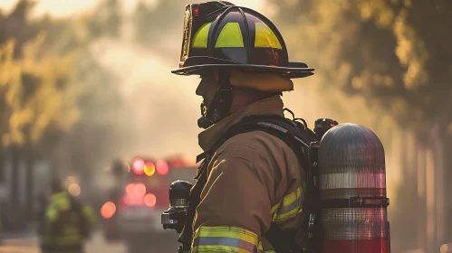 Brave Firefighter Amidst Smoke and Lights