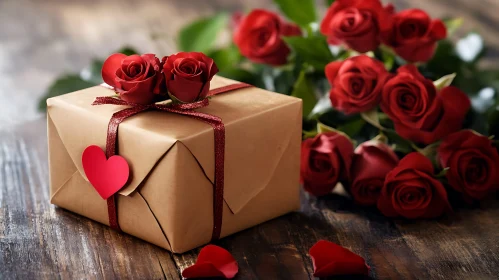 Roses and Wrapped Present for Celebration