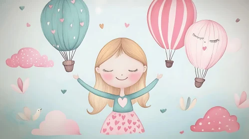 Whimsical Girl and Balloons Art