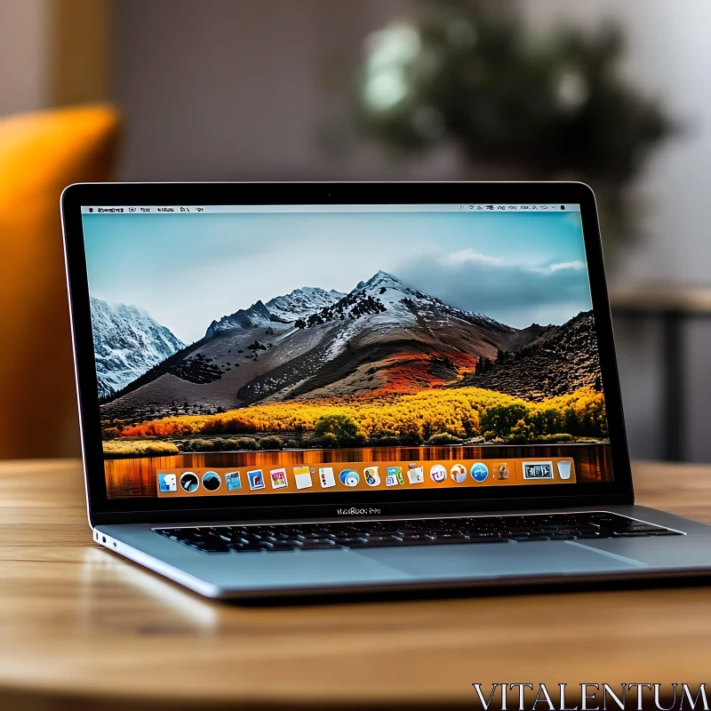 Sleek Laptop Featuring Mountain Landscape Wallpaper AI Image