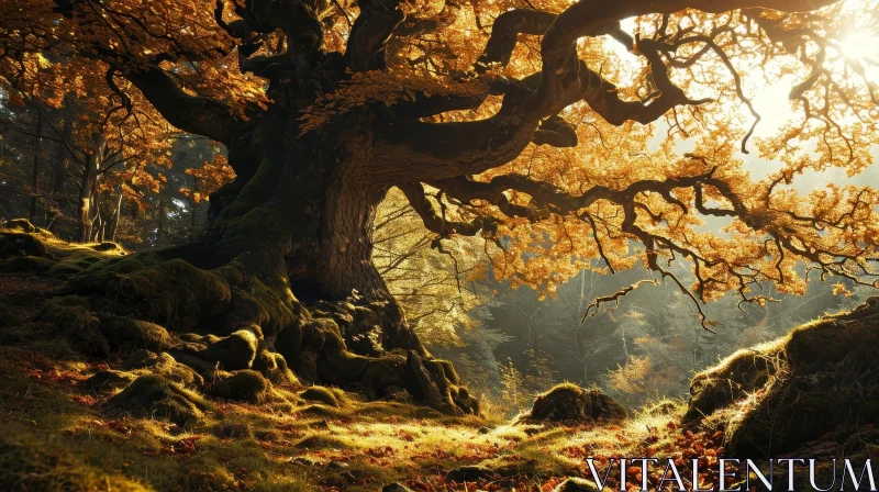 Captivating Fall Forest Landscape with Majestic Tree AI Image