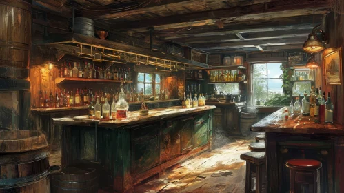 Captivating Painting: Cozy Tavern Interior | Wood Bar, Lanterns
