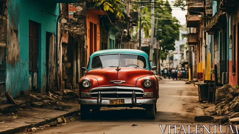 Classic Red Car Parked on a Narrow Cuban Street AI Image