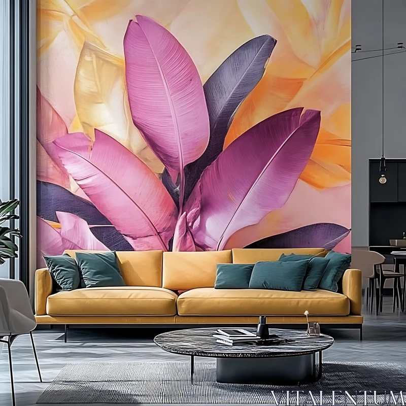 AI ART Stylish Interior: Yellow Sofa and Tropical Wall Art