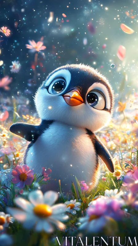 Whimsical Penguin in a Flower Field AI Image