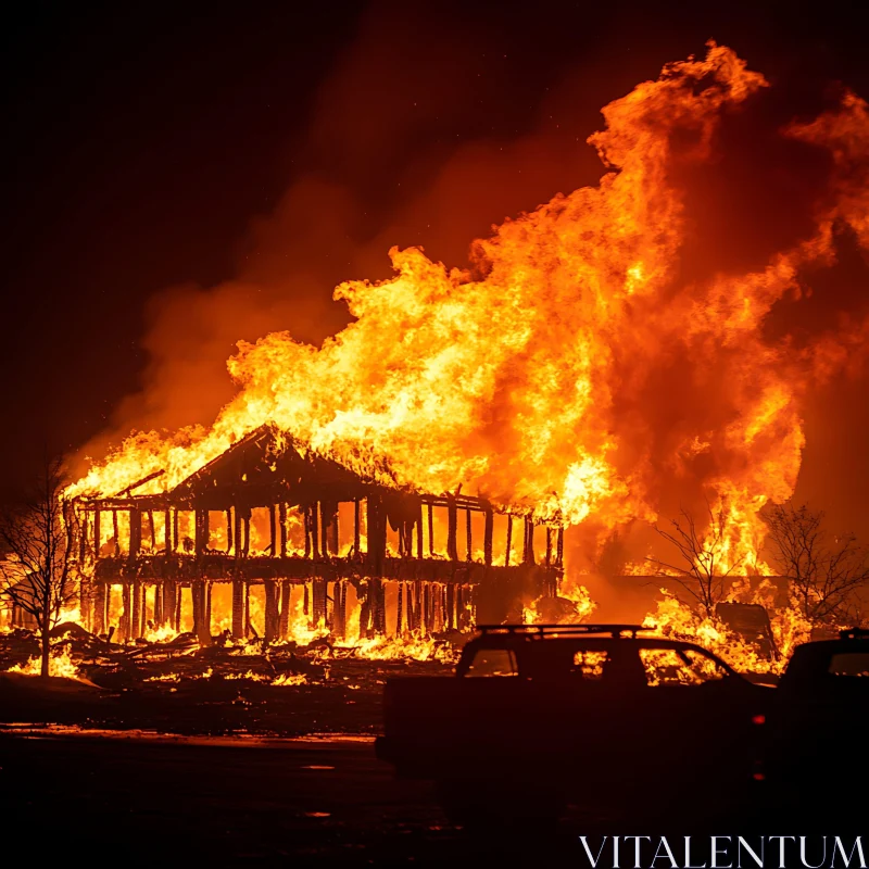 Intense Nighttime Blaze Consuming Wooden House AI Image