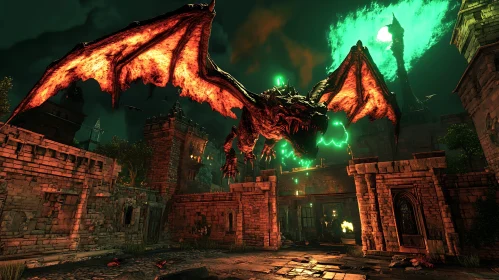 Dragon in Flight over Castle