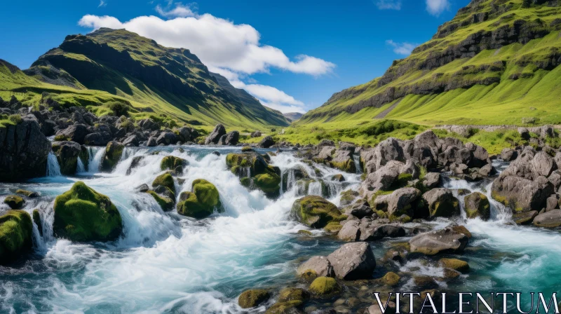 Icelandic River Landscape - Serene Green and Blue Scenery AI Image