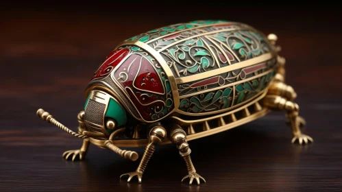 Intricate Gold Beetle Sculpture on Wooden Base | Ancient Egyptian Inspired Art