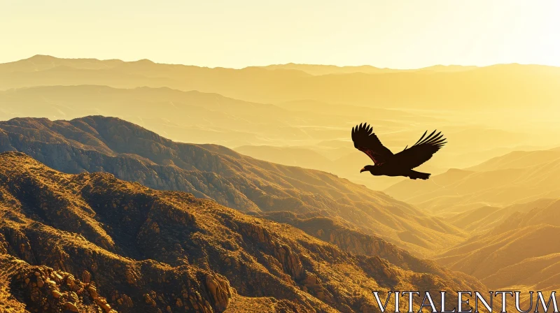 Majestic Mountain Sunset Landscape with Bird of Prey AI Image