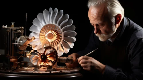 Meticulously Crafted Mechanical Piece with Flower - Artwork