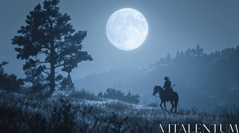 Moonlit Forest Landscape with Cowboy - A Captivating Nature Scene AI Image