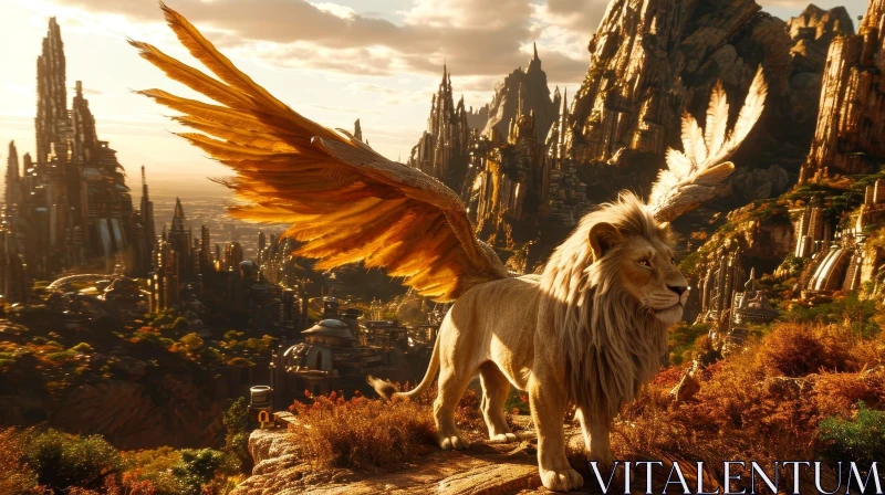 Winged Lion Digital Painting on Cliff with Cityscape Background AI Image