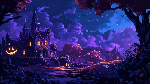 Pixelated Halloween House Under Night Sky