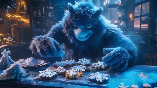 Fluffy Yeti Decorating Snowflake Cookies