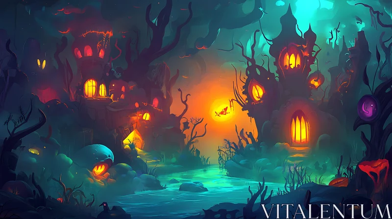 AI ART Glowing Haunted Houses by Twilight River