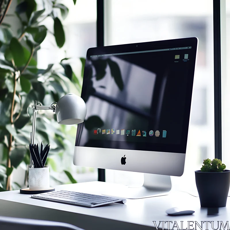 Sleek iMac on White Desk in Greenery-filled Office AI Image