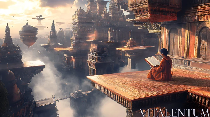 Monk Reads in Futuristic City AI Image