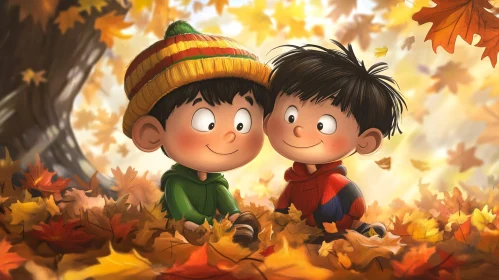 Cartoon Boys in Fall Foliage