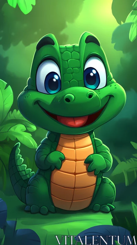 Adorable Cartoon Reptile in Greenery AI Image