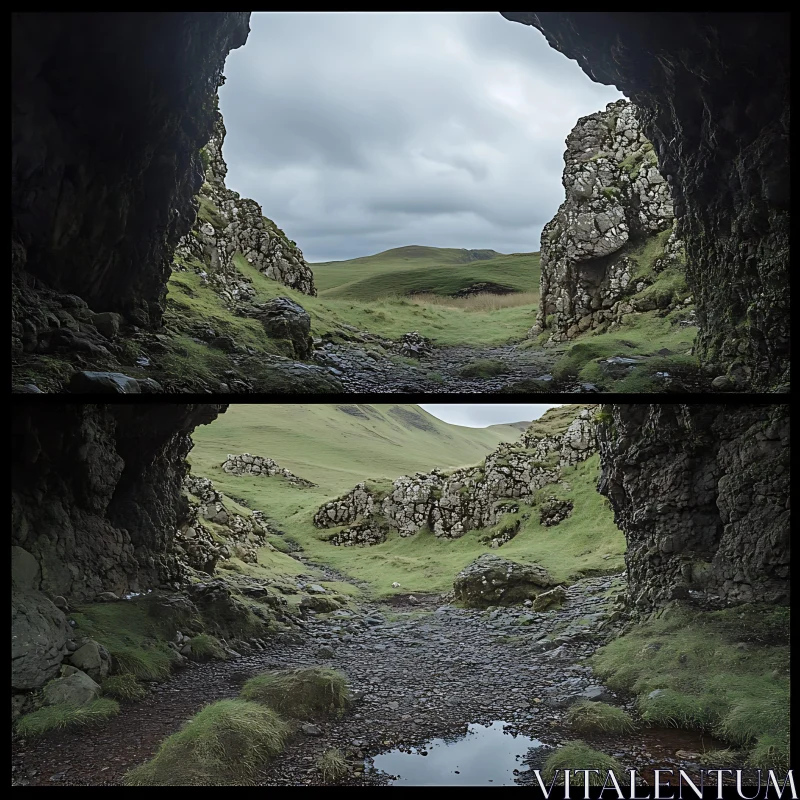 Moody Cave Landscape with Rock and Grass AI Image