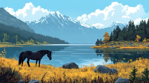 Idyllic Mountain Lake Scene with Horse