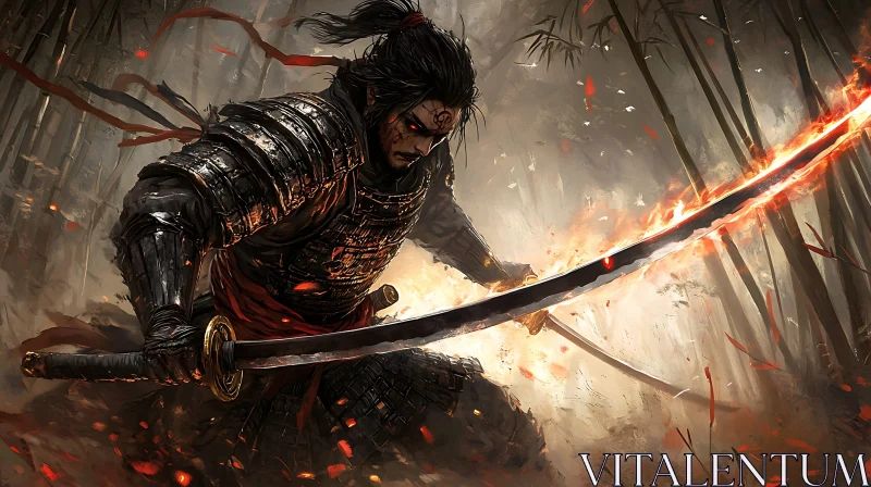 AI ART Armored Samurai in Forest with Flaming Sword