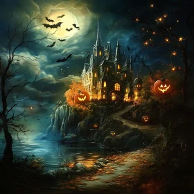 Spooky Halloween Castle with Glowing Pumpkins