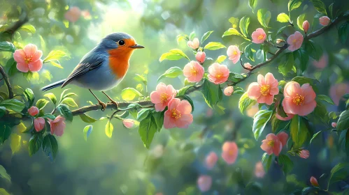 Bird on a Branch Amidst Blossoming Flowers
