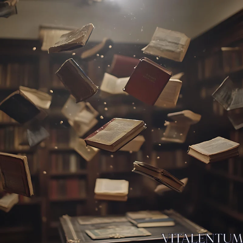 AI ART Mystical Library with Levitating Antique Books