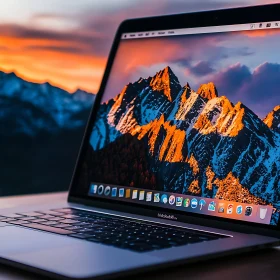 Laptop with Mountain Landscape and Sunset
