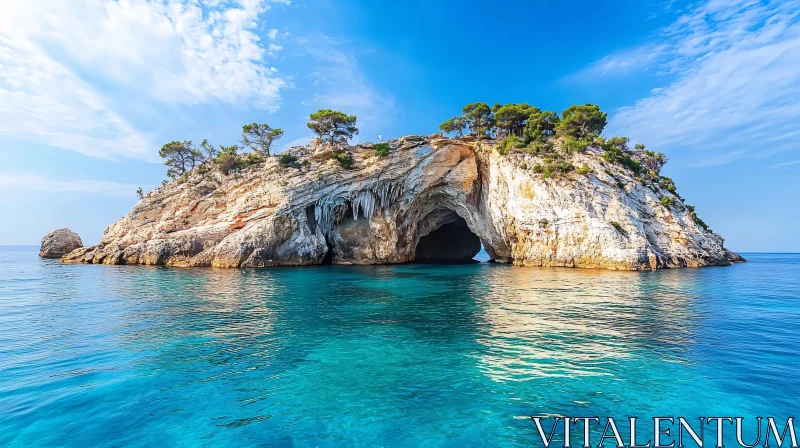 AI ART Stunning Coastal Island with Lush Greenery and Sea Cave