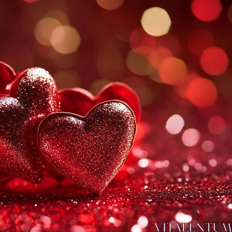 Shimmering Hearts on Red Glitter Background AI Image