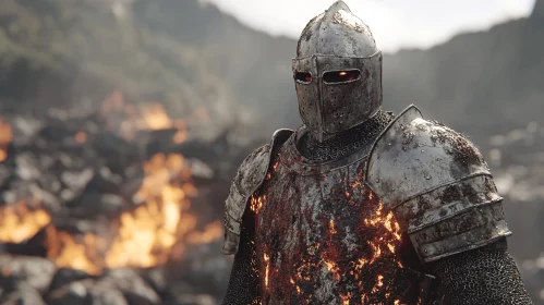 Armored Knight Amidst Burning Ruins