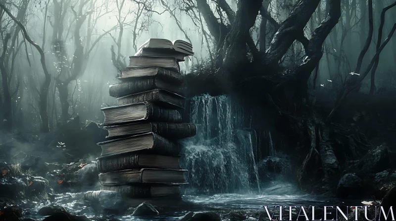 AI ART Literary Cascade: Books by a Forest Waterfall