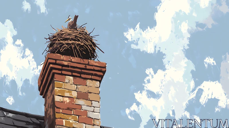 Bird Nesting on Brick Chimney AI Image