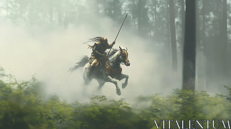 AI ART Foggy Forest Knight on Horseback