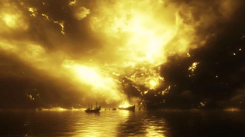 Sailing Vessels under a Golden Inferno Sky