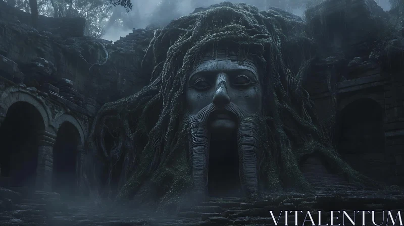 Mystic Stone Face in Overgrown Ruins AI Image