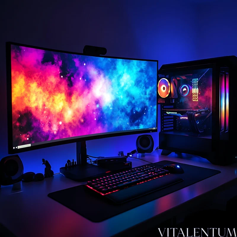 Colorful Gaming Setup with RGB Computer and Curved Screen AI Image