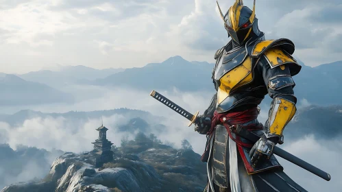 Warrior in Armor Overlooking Mountains